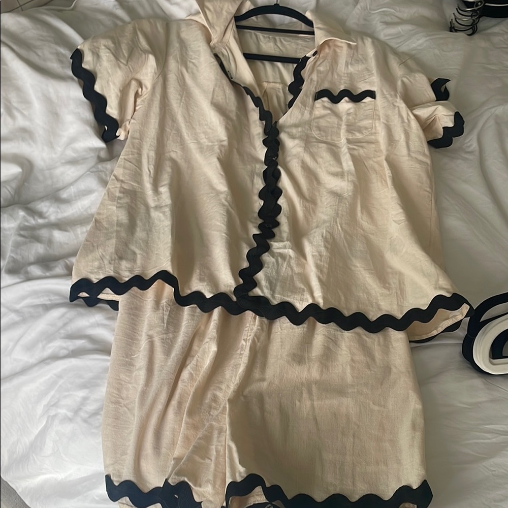 Cream and Black Ruffle Trim short and shirt Set